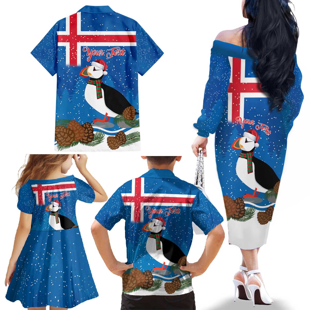 Personalised Iceland Christmas Family Matching Off The Shoulder Long Sleeve Dress and Hawaiian Shirt Puffin Santa Winter Flag Style - Wonder Print Shop