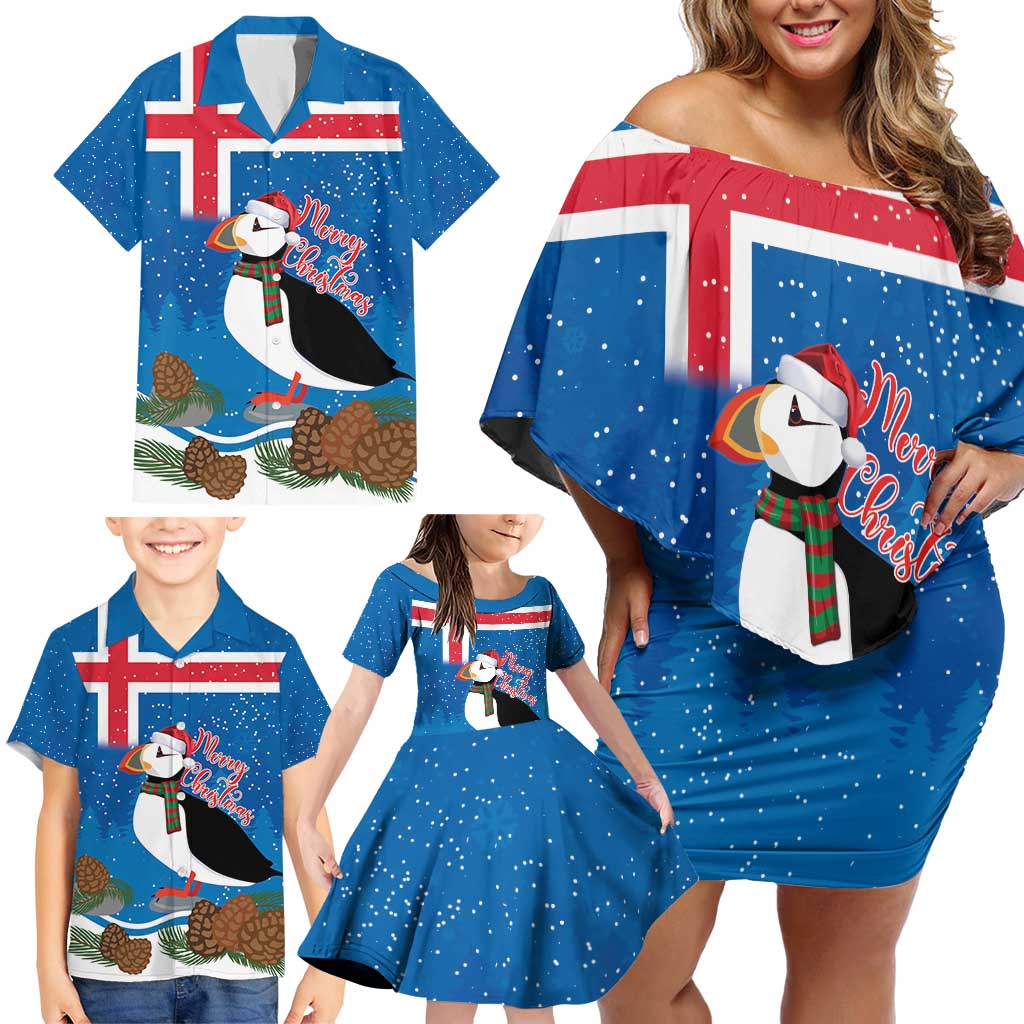 Personalised Iceland Christmas Family Matching Off Shoulder Short Dress and Hawaiian Shirt Puffin Santa Winter Flag Style - Wonder Print Shop