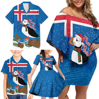 Personalised Iceland Christmas Family Matching Off Shoulder Short Dress and Hawaiian Shirt Puffin Santa Winter Flag Style - Wonder Print Shop