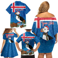 Personalised Iceland Christmas Family Matching Off Shoulder Short Dress and Hawaiian Shirt Puffin Santa Winter Flag Style - Wonder Print Shop