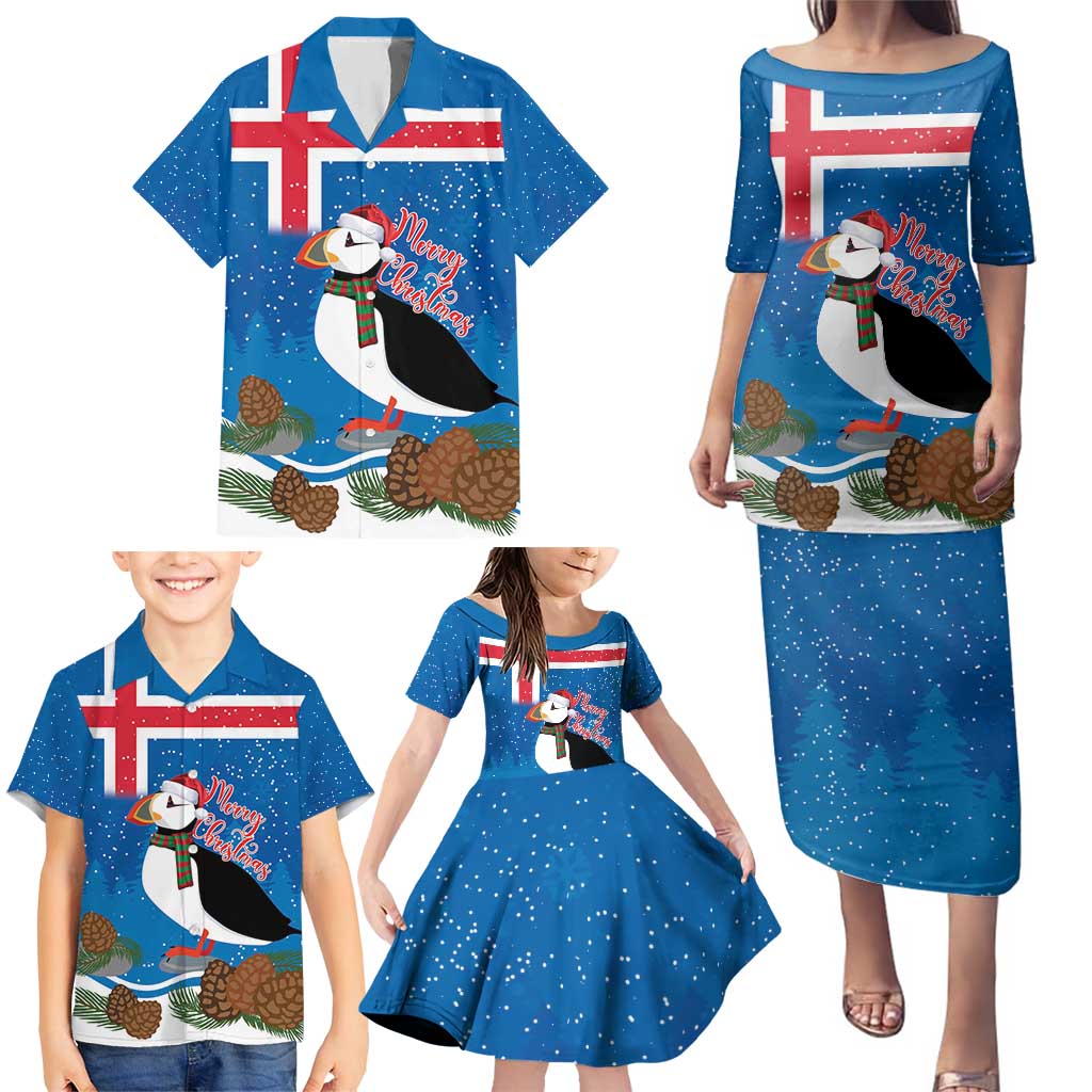 Personalised Iceland Christmas Family Matching Puletasi and Hawaiian Shirt Puffin Santa Winter Flag Style - Wonder Print Shop