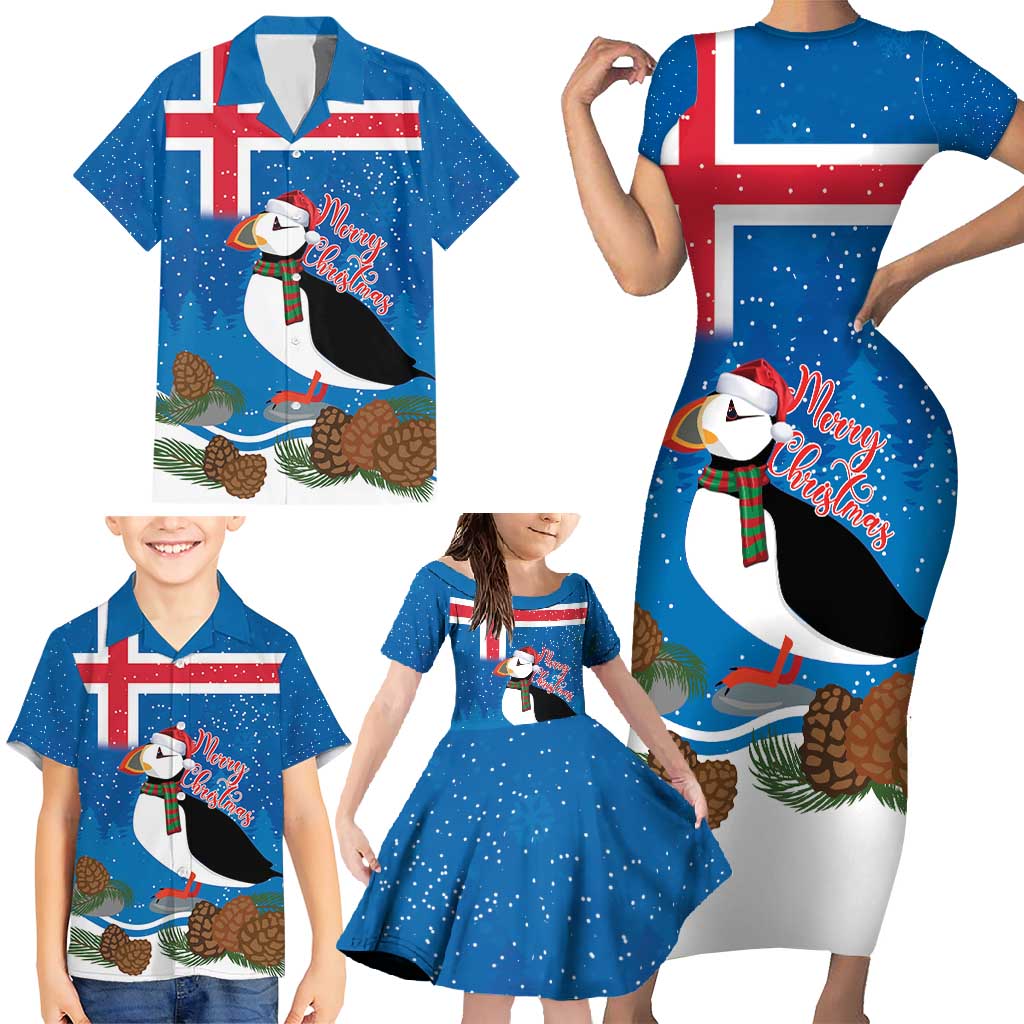 Personalised Iceland Christmas Family Matching Short Sleeve Bodycon Dress and Hawaiian Shirt Puffin Santa Winter Flag Style - Wonder Print Shop