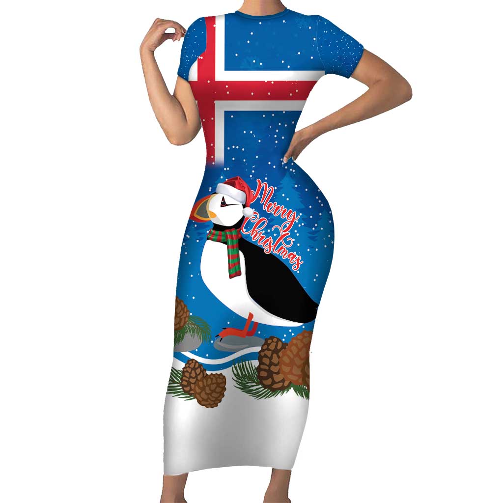 Personalised Iceland Christmas Family Matching Short Sleeve Bodycon Dress and Hawaiian Shirt Puffin Santa Winter Flag Style - Wonder Print Shop