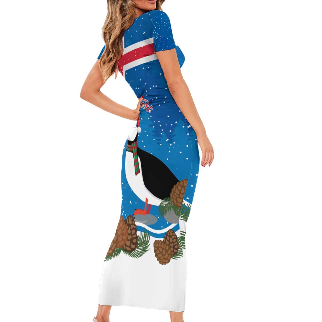 Personalised Iceland Christmas Family Matching Short Sleeve Bodycon Dress and Hawaiian Shirt Puffin Santa Winter Flag Style - Wonder Print Shop