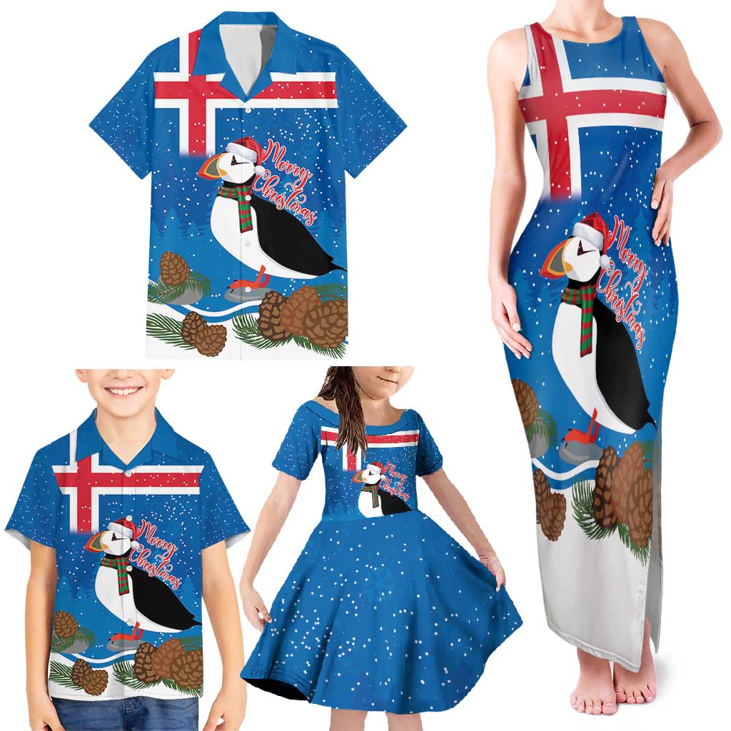 Personalised Iceland Christmas Family Matching Tank Maxi Dress and Hawaiian Shirt Puffin Santa Winter Flag Style - Wonder Print Shop