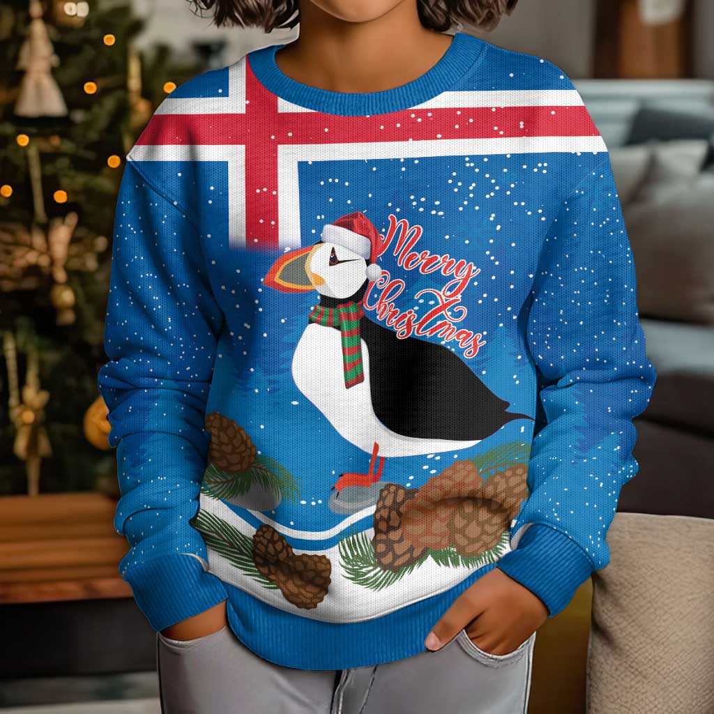 Personalised Iceland Christmas Kid Ugly Christmas Sweater Puffin Santa Winter Flag Style - Wonder Print Shop