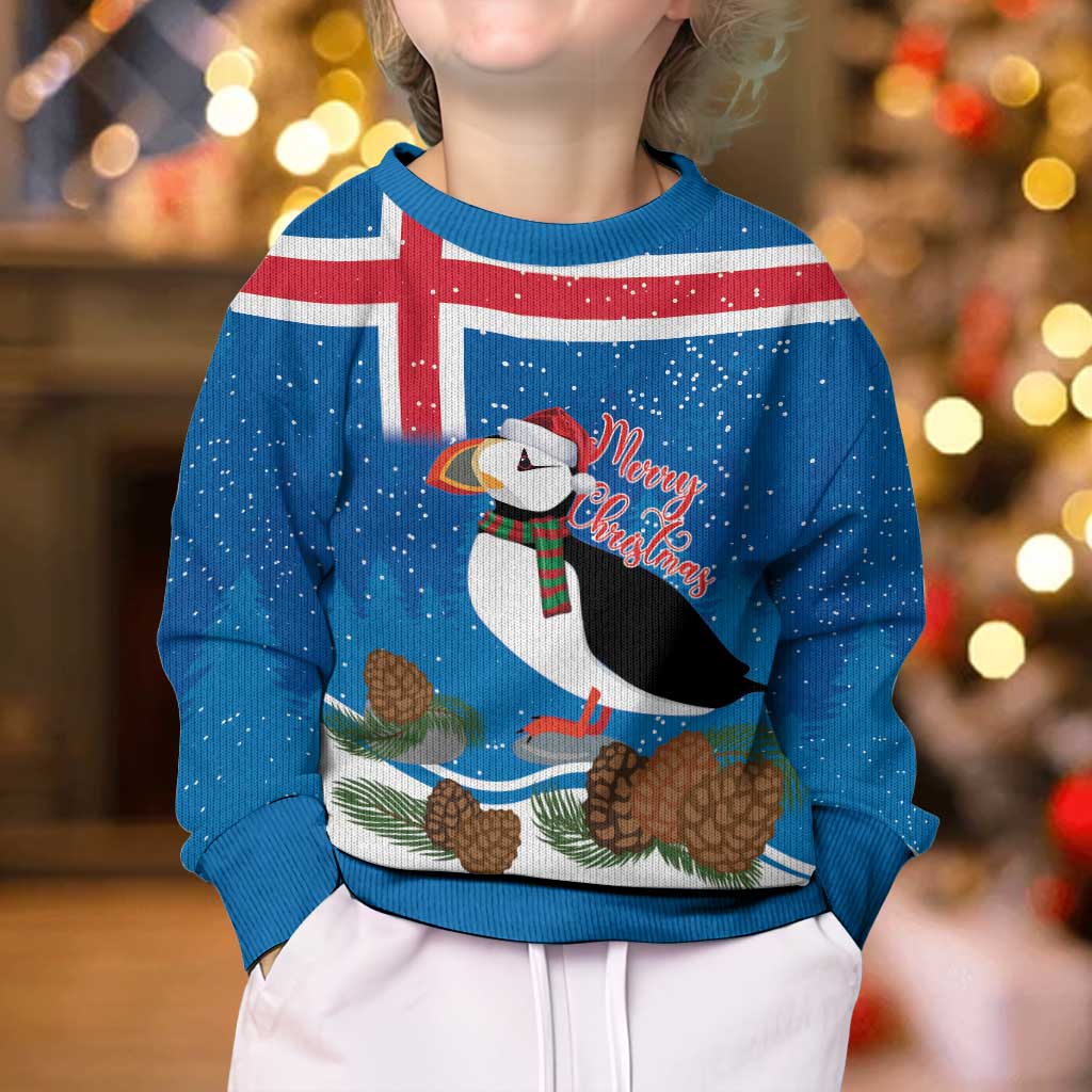 Personalised Iceland Christmas Kid Ugly Christmas Sweater Puffin Santa Winter Flag Style - Wonder Print Shop