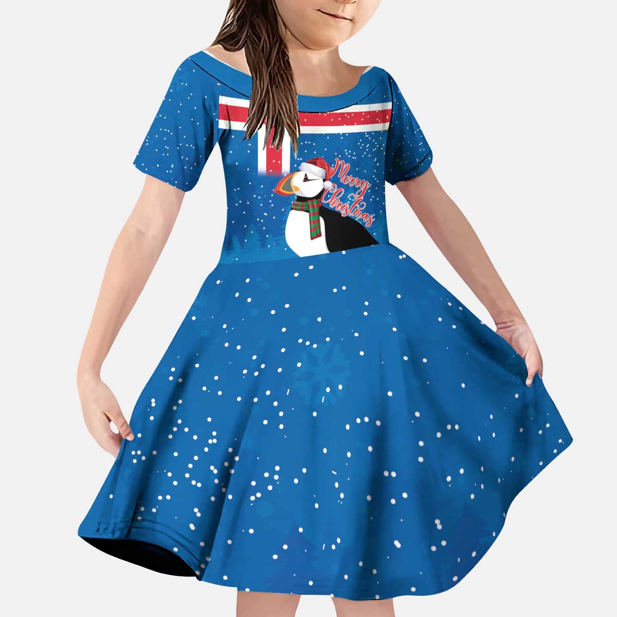 Personalised Iceland Christmas Kid Short Sleeve Dress Puffin Santa Winter Flag Style - Wonder Print Shop
