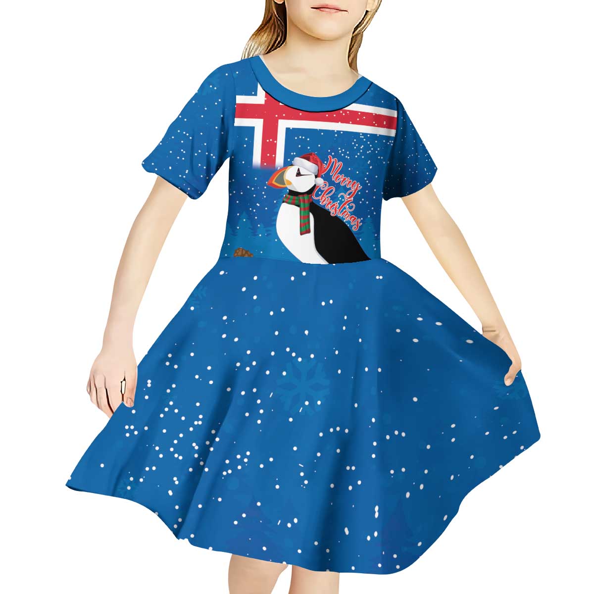 Personalised Iceland Christmas Kid Short Sleeve Dress Puffin Santa Winter Flag Style - Wonder Print Shop