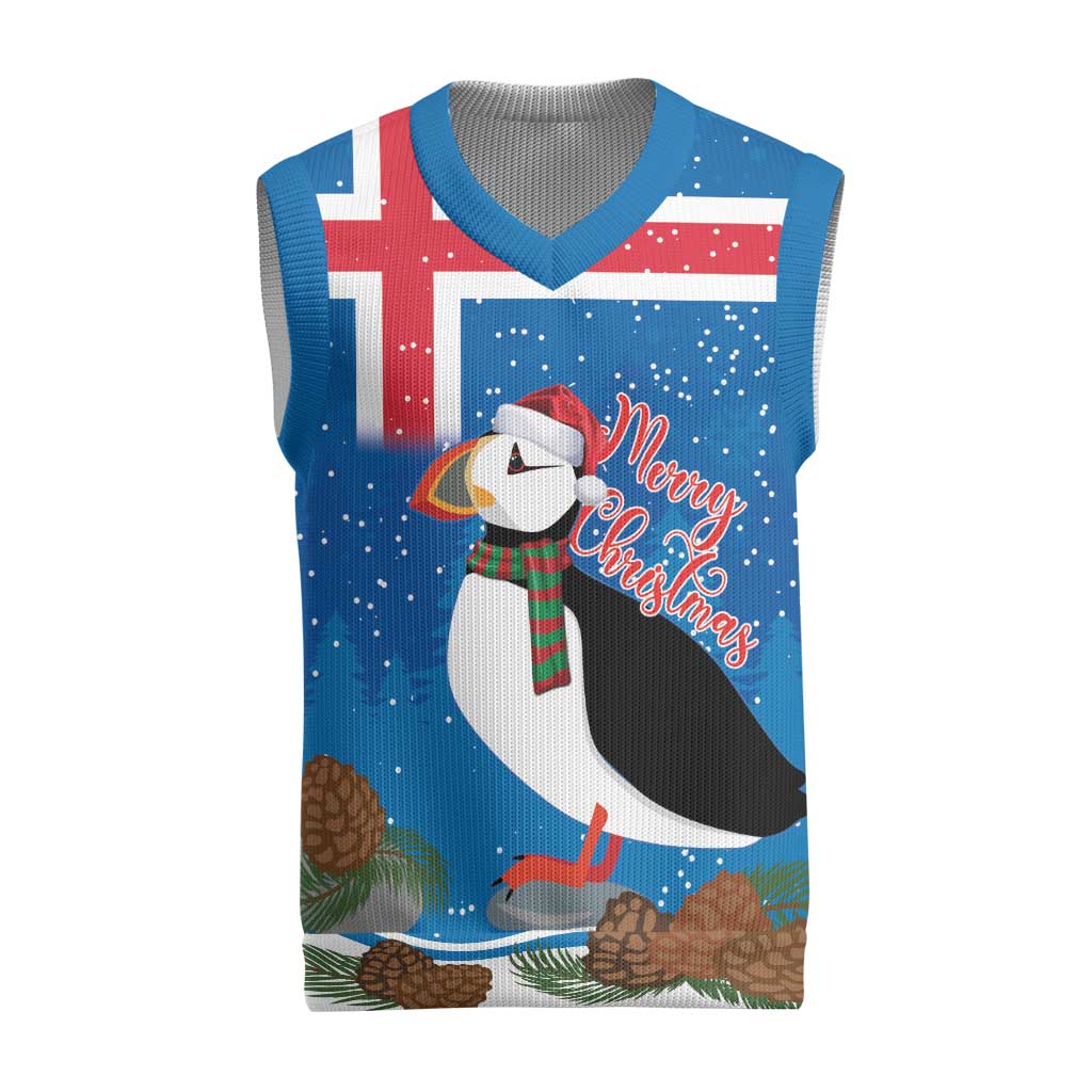 Personalised Iceland Christmas Knitted V-Neck Vest Puffin Santa Winter Flag Style - Wonder Print Shop