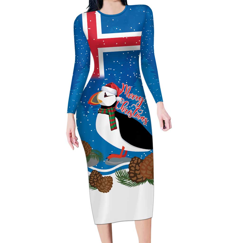 Personalised Iceland Christmas Long Sleeve Bodycon Dress Puffin Santa Winter Flag Style - Wonder Print Shop