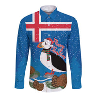 Personalised Iceland Christmas Long Sleeve Button Shirt Puffin Santa Winter Flag Style - Wonder Print Shop