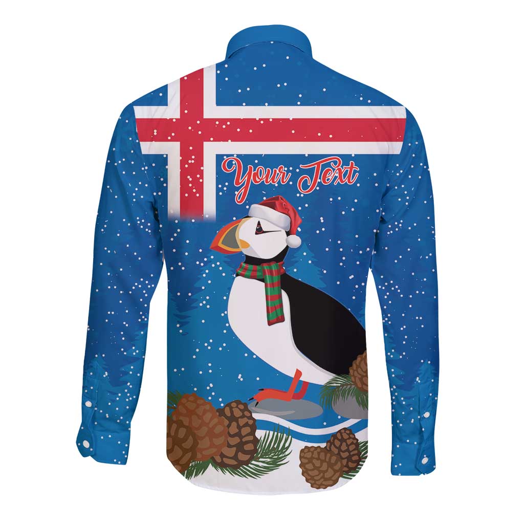 Personalised Iceland Christmas Long Sleeve Button Shirt Puffin Santa Winter Flag Style - Wonder Print Shop