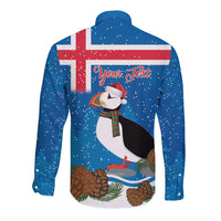 Personalised Iceland Christmas Long Sleeve Button Shirt Puffin Santa Winter Flag Style - Wonder Print Shop