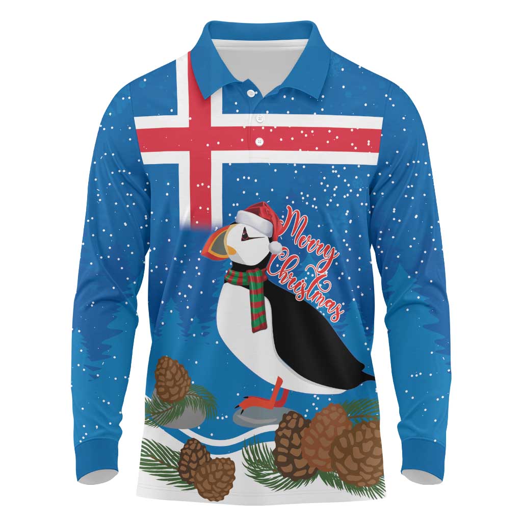 Personalised Iceland Christmas Long Sleeve Polo Shirt Puffin Santa Winter Flag Style - Wonder Print Shop