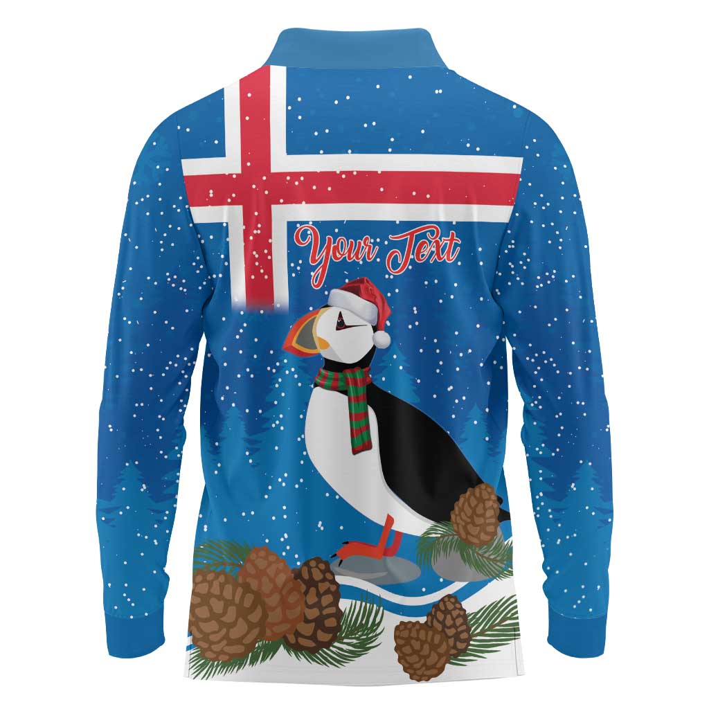 Personalised Iceland Christmas Long Sleeve Polo Shirt Puffin Santa Winter Flag Style - Wonder Print Shop