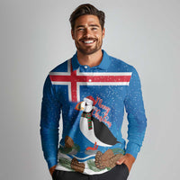 Personalised Iceland Christmas Long Sleeve Polo Shirt Puffin Santa Winter Flag Style - Wonder Print Shop