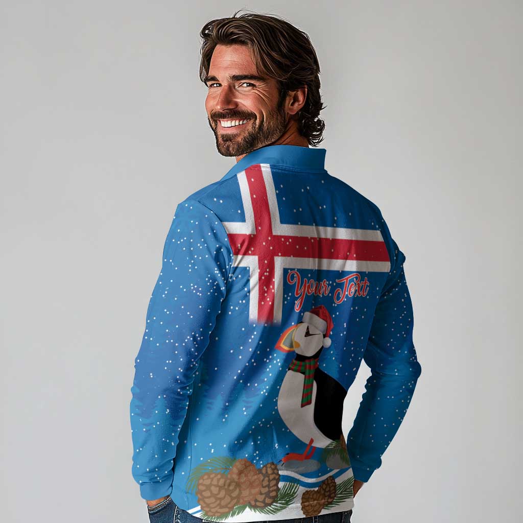 Personalised Iceland Christmas Long Sleeve Polo Shirt Puffin Santa Winter Flag Style - Wonder Print Shop