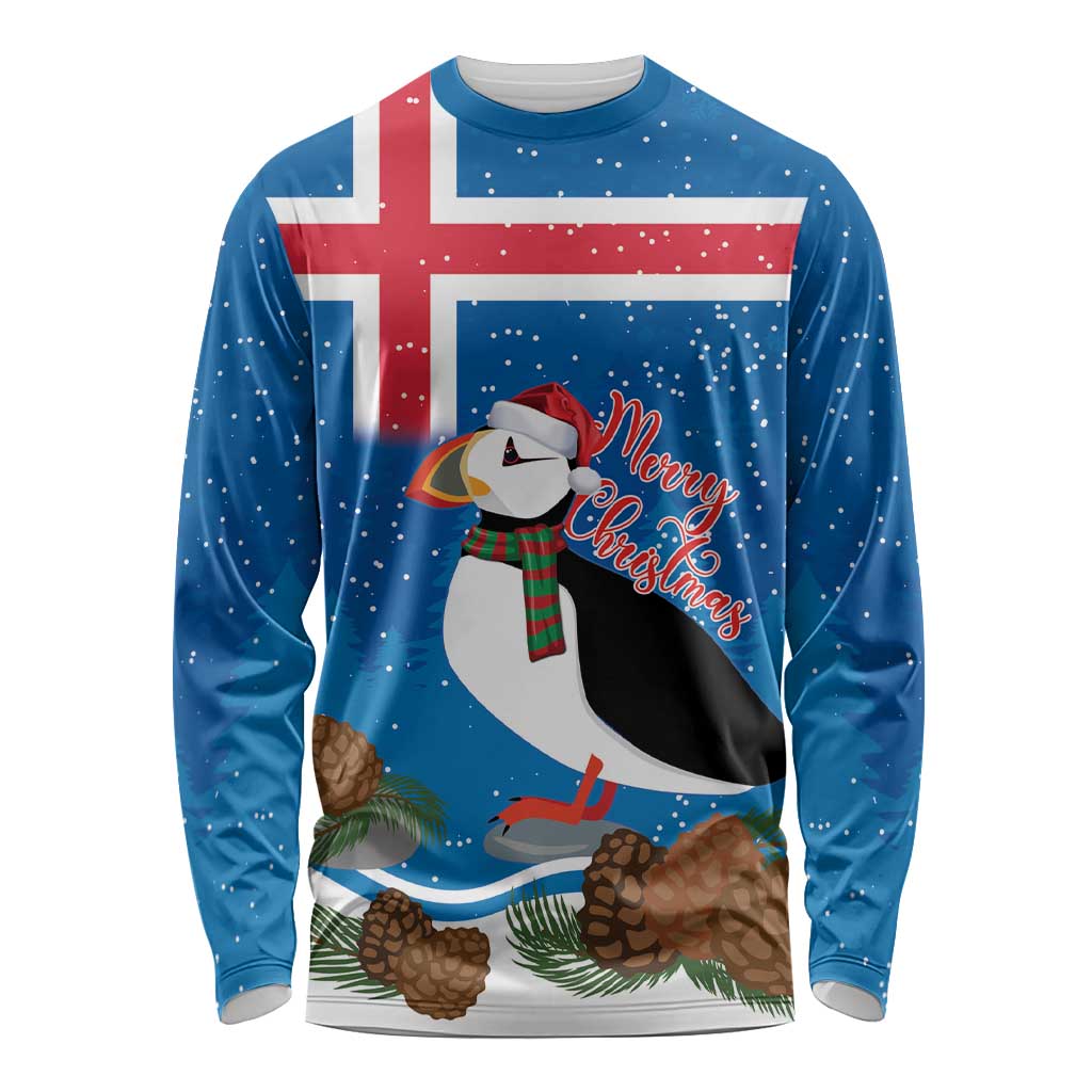 Personalised Iceland Christmas Long Sleeve Shirt Puffin Santa Winter Flag Style - Wonder Print Shop