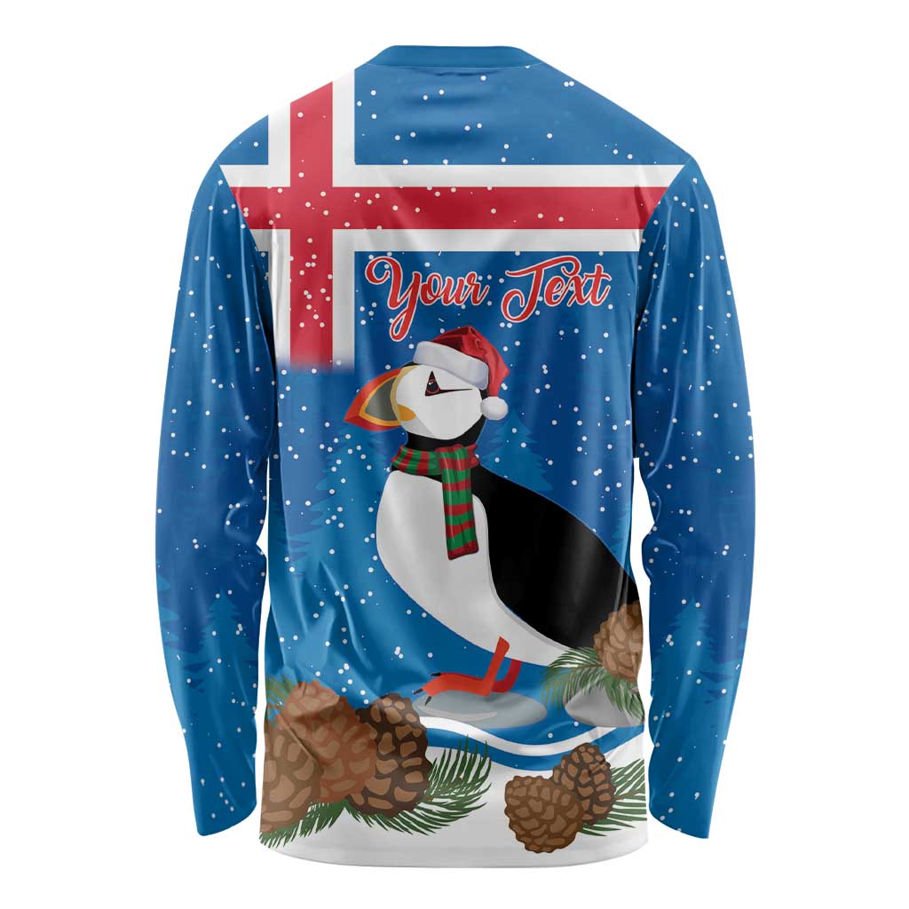 Personalised Iceland Christmas Long Sleeve Shirt Puffin Santa Winter Flag Style - Wonder Print Shop