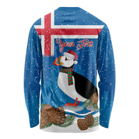 Personalised Iceland Christmas Long Sleeve Shirt Puffin Santa Winter Flag Style - Wonder Print Shop