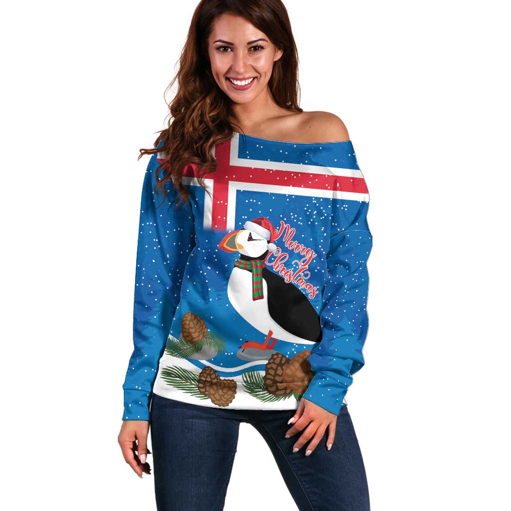 Personalised Iceland Christmas Off Shoulder Sweater Puffin Santa Winter Flag Style - Wonder Print Shop