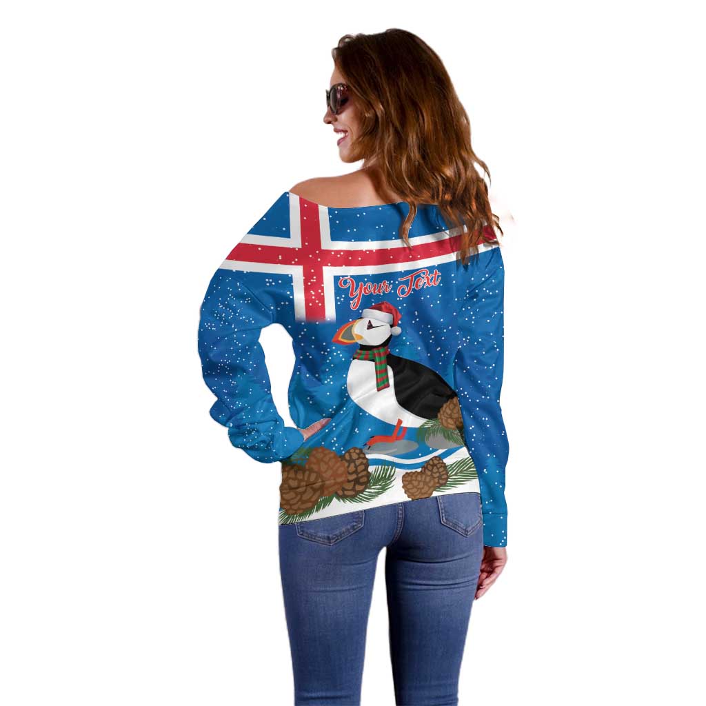 Personalised Iceland Christmas Off Shoulder Sweater Puffin Santa Winter Flag Style - Wonder Print Shop