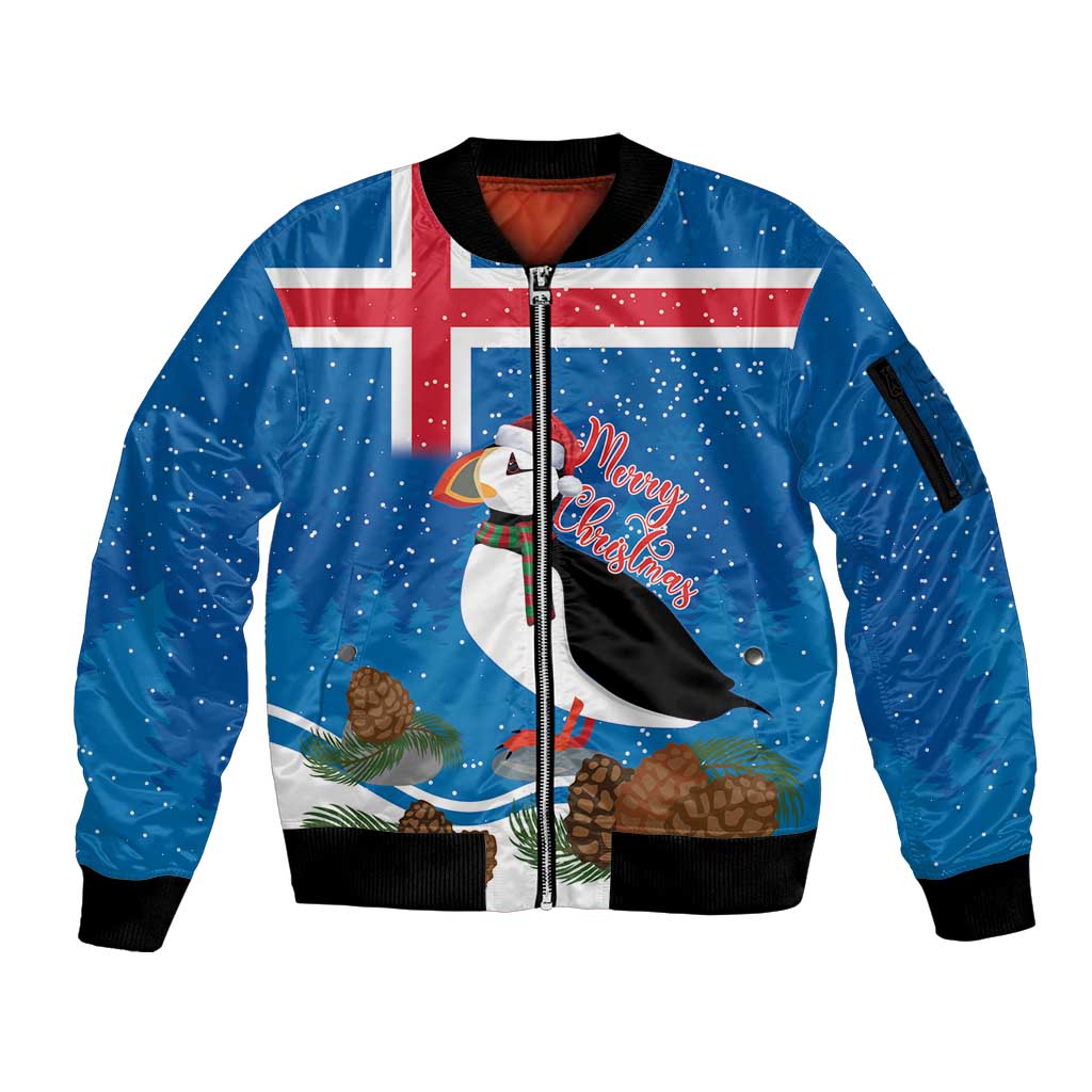 Personalised Iceland Christmas Sleeve Zip Bomber Jacket Puffin Santa Winter Flag Style - Wonder Print Shop