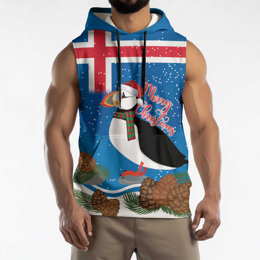 Personalised Iceland Christmas Sleeveless Hoodie Puffin Santa Winter Flag Style - Wonder Print Shop