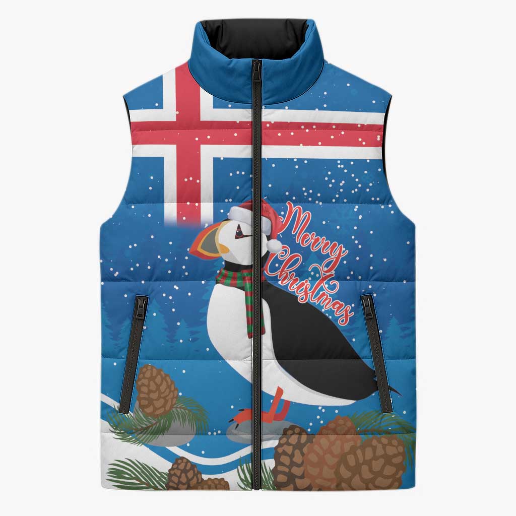 Personalised Iceland Christmas Sleeveless Puffer Jacket Puffin Santa Winter Flag Style - Wonder Print Shop