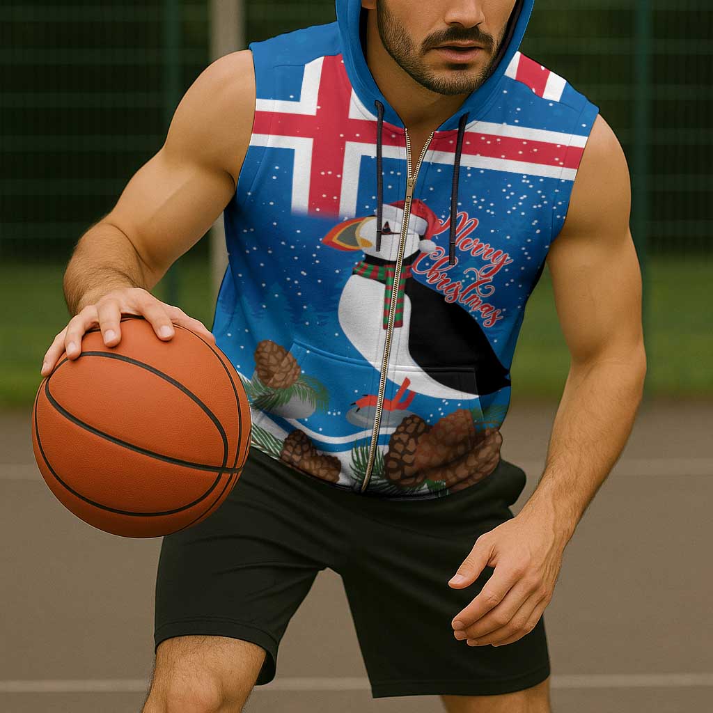 Personalised Iceland Christmas Sleeveless Zip Hoodie Puffin Santa Winter Flag Style - Wonder Print Shop