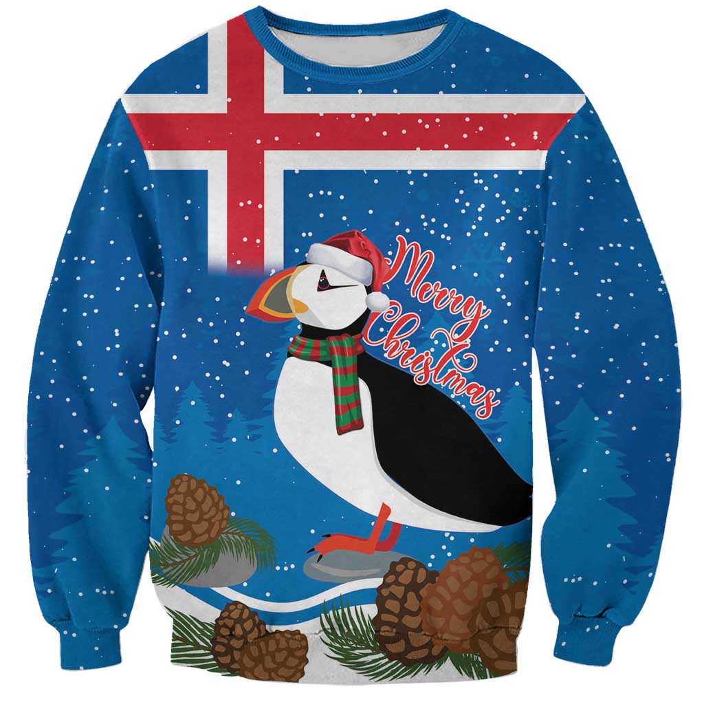 Personalised Iceland Christmas Sweatshirt Puffin Santa Winter Flag Style - Wonder Print Shop