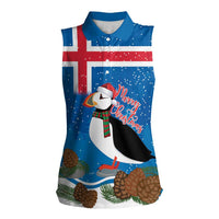 Personalised Iceland Christmas Women Sleeveless Polo Shirt Puffin Santa Winter Flag Style - Wonder Print Shop