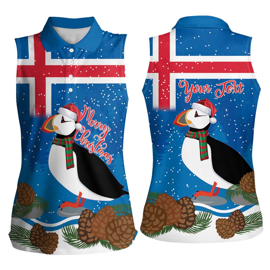 Personalised Iceland Christmas Women Sleeveless Polo Shirt Puffin Santa Winter Flag Style - Wonder Print Shop