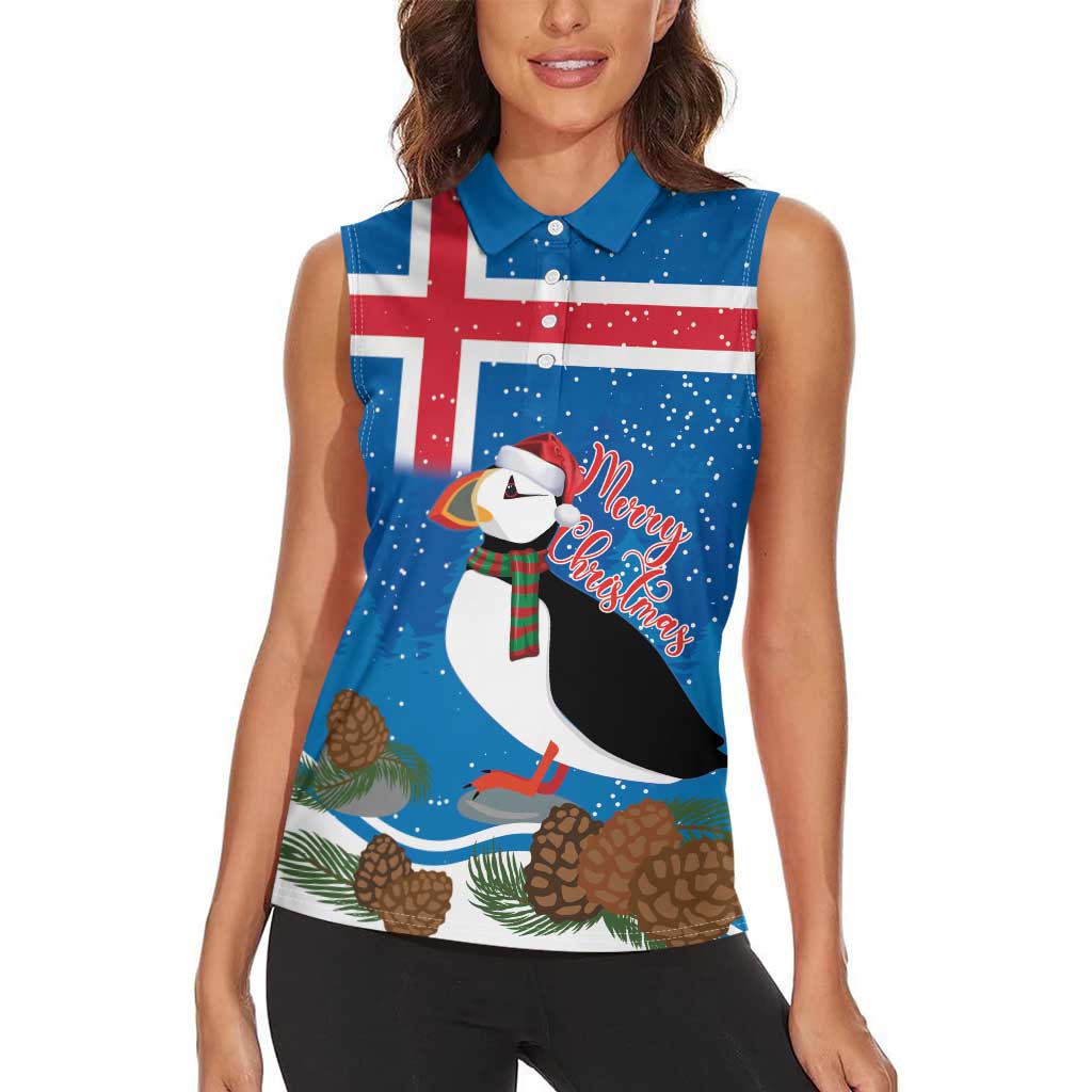 Personalised Iceland Christmas Women Sleeveless Polo Shirt Puffin Santa Winter Flag Style - Wonder Print Shop