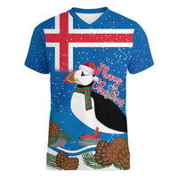 Personalised Iceland Christmas Women V-Neck T-Shirt Puffin Santa Winter Flag Style - Wonder Print Shop
