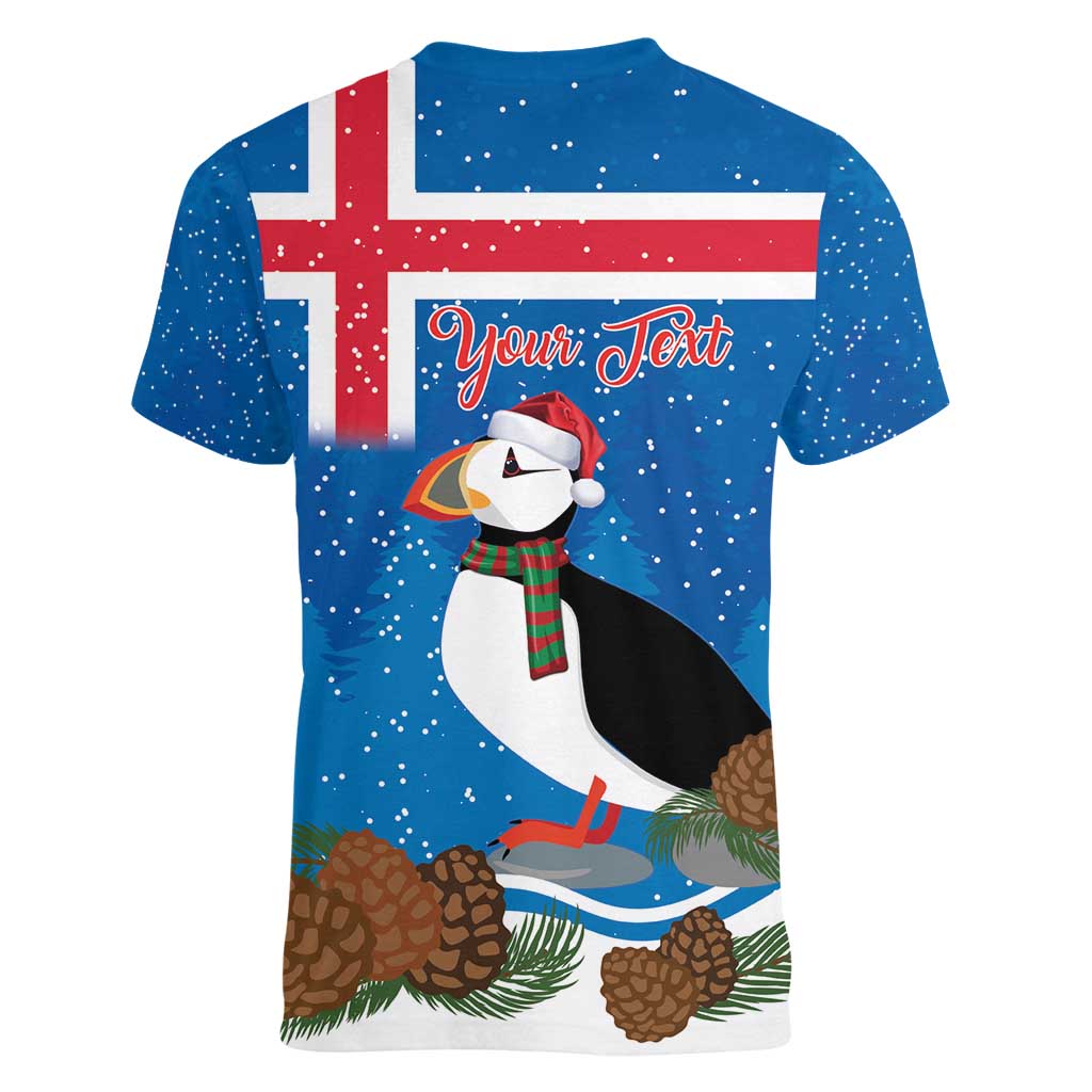 Personalised Iceland Christmas Women V-Neck T-Shirt Puffin Santa Winter Flag Style - Wonder Print Shop