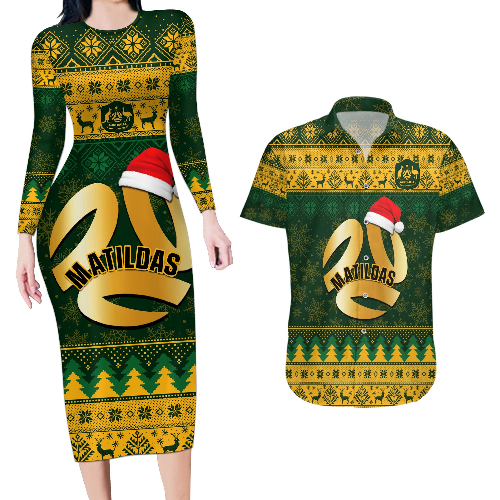 Personalised Australia Matildas Christmas Couples Matching Long Sleeve Bodycon Dress and Hawaiian Shirt Merry Xmas 2023 National Color - Wonder Print Shop