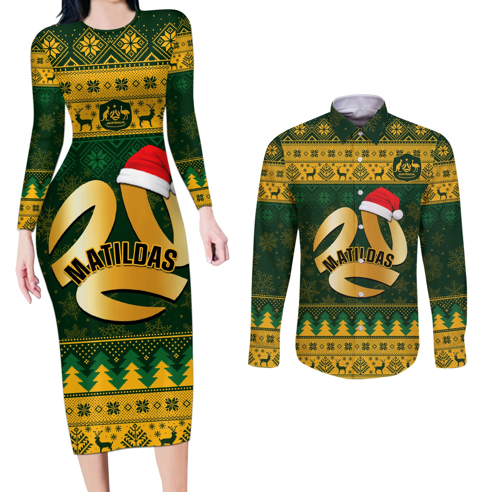 Personalised Australia Matildas Christmas Couples Matching Long Sleeve Bodycon Dress and Long Sleeve Button Shirts Merry Xmas 2023 National Color - Wonder Print Shop