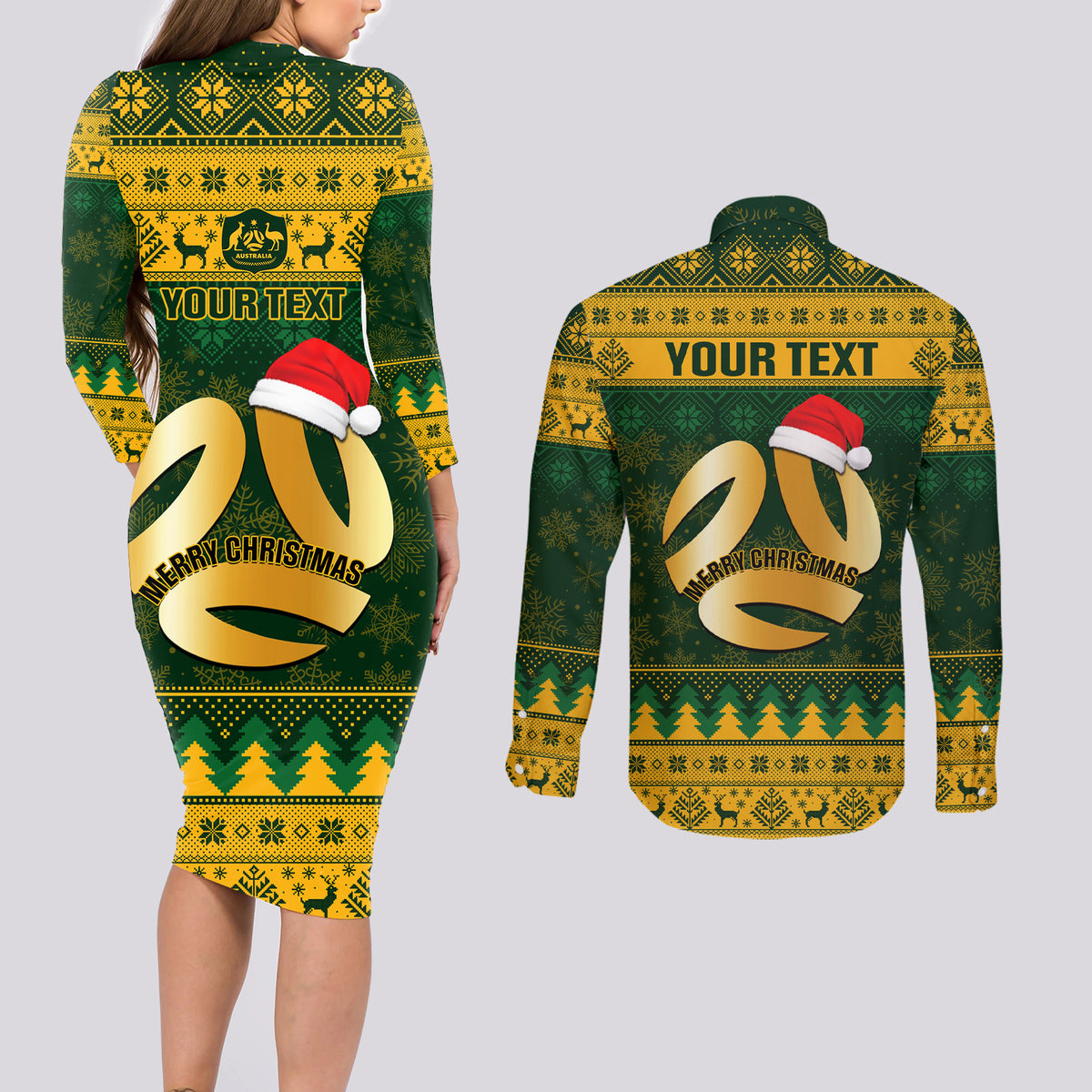 Personalised Australia Matildas Christmas Couples Matching Long Sleeve Bodycon Dress and Long Sleeve Button Shirts Merry Xmas 2023 National Color - Wonder Print Shop