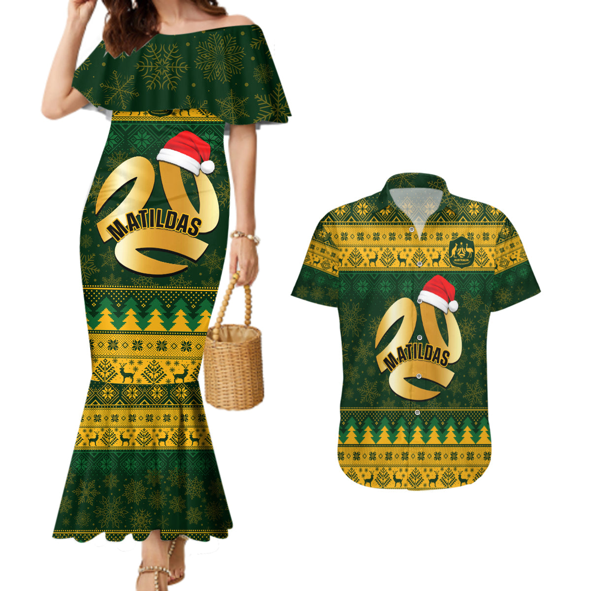Personalised Australia Matildas Christmas Couples Matching Mermaid Dress and Hawaiian Shirt Merry Xmas 2023 National Color - Wonder Print Shop