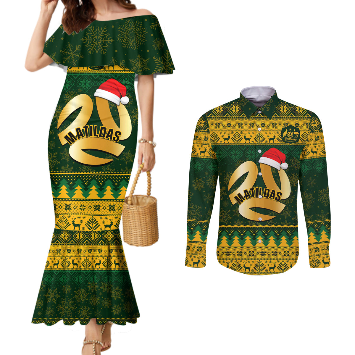 personalised-australia-matildas-christmas-couples-matching-mermaid-dress-and-long-sleeve-button-shirts-merry-xmas-2023-national-color