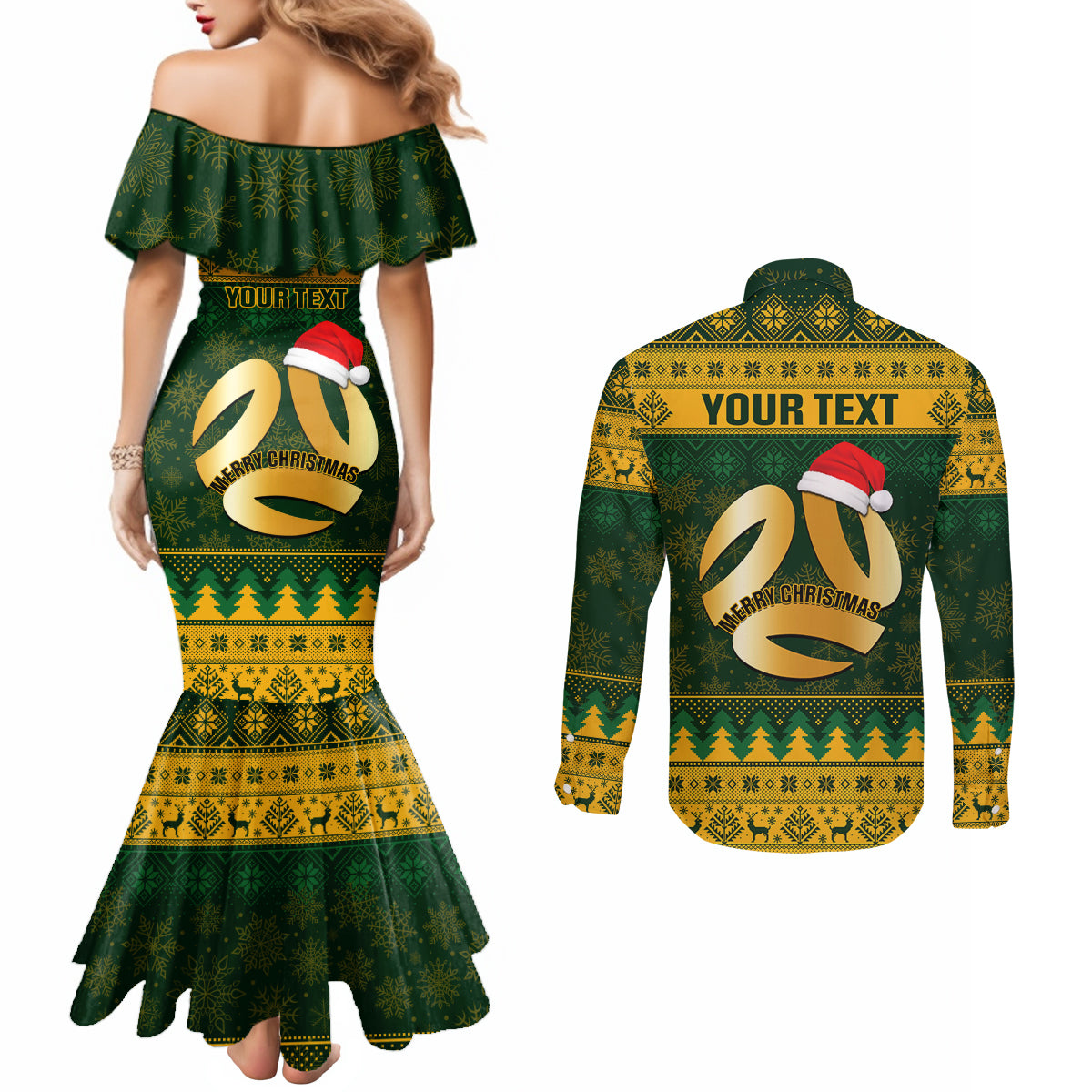 personalised-australia-matildas-christmas-couples-matching-mermaid-dress-and-long-sleeve-button-shirts-merry-xmas-2023-national-color