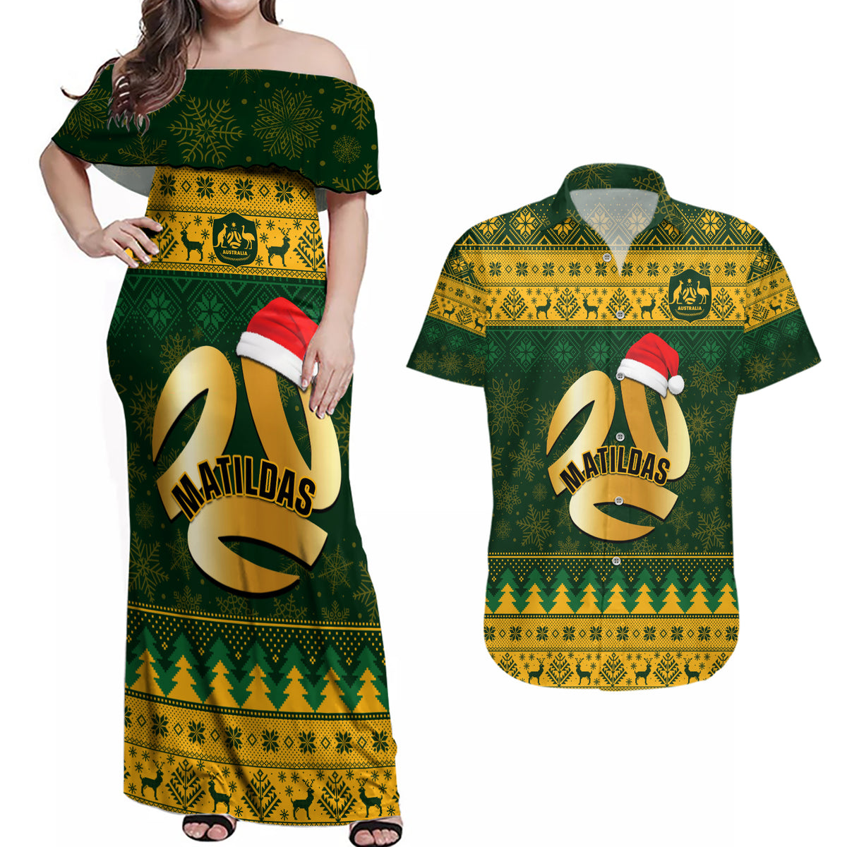 Personalised Australia Matildas Christmas Couples Matching Off Shoulder Maxi Dress and Hawaiian Shirt Merry Xmas 2023 National Color - Wonder Print Shop