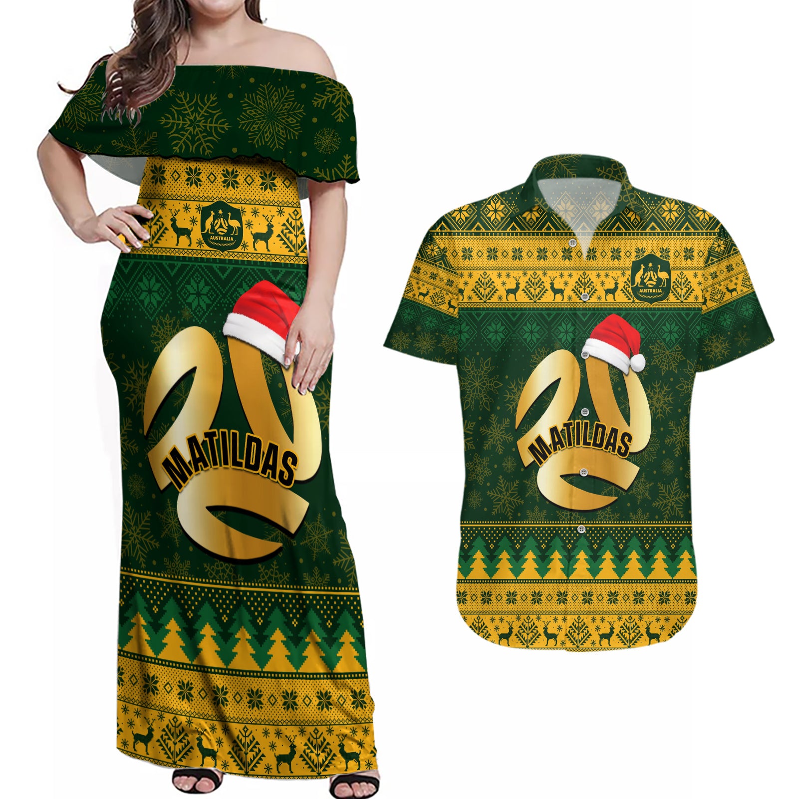Personalised Australia Matildas Christmas Couples Matching Off Shoulder Maxi Dress and Hawaiian Shirt Merry Xmas 2023 National Color - Wonder Print Shop