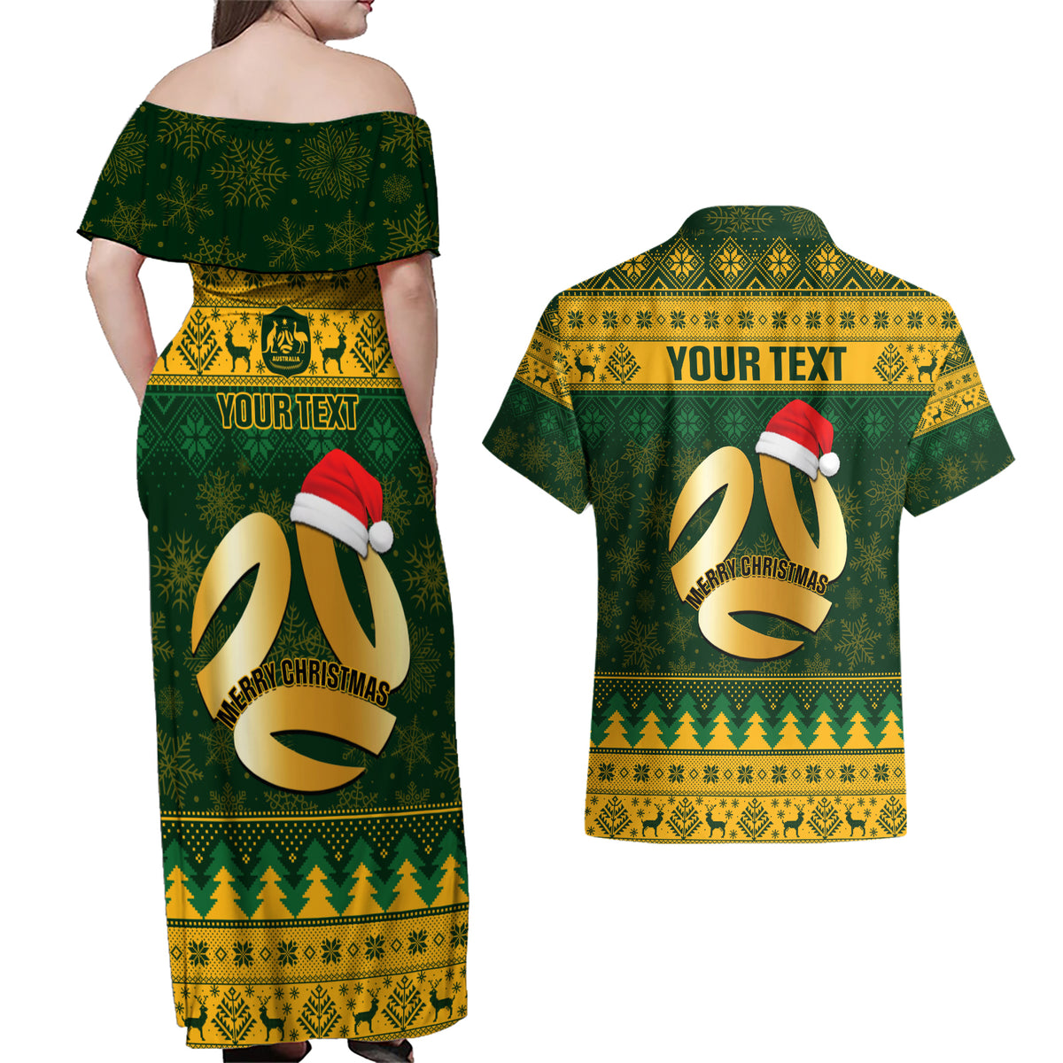 Personalised Australia Matildas Christmas Couples Matching Off Shoulder Maxi Dress and Hawaiian Shirt Merry Xmas 2023 National Color - Wonder Print Shop