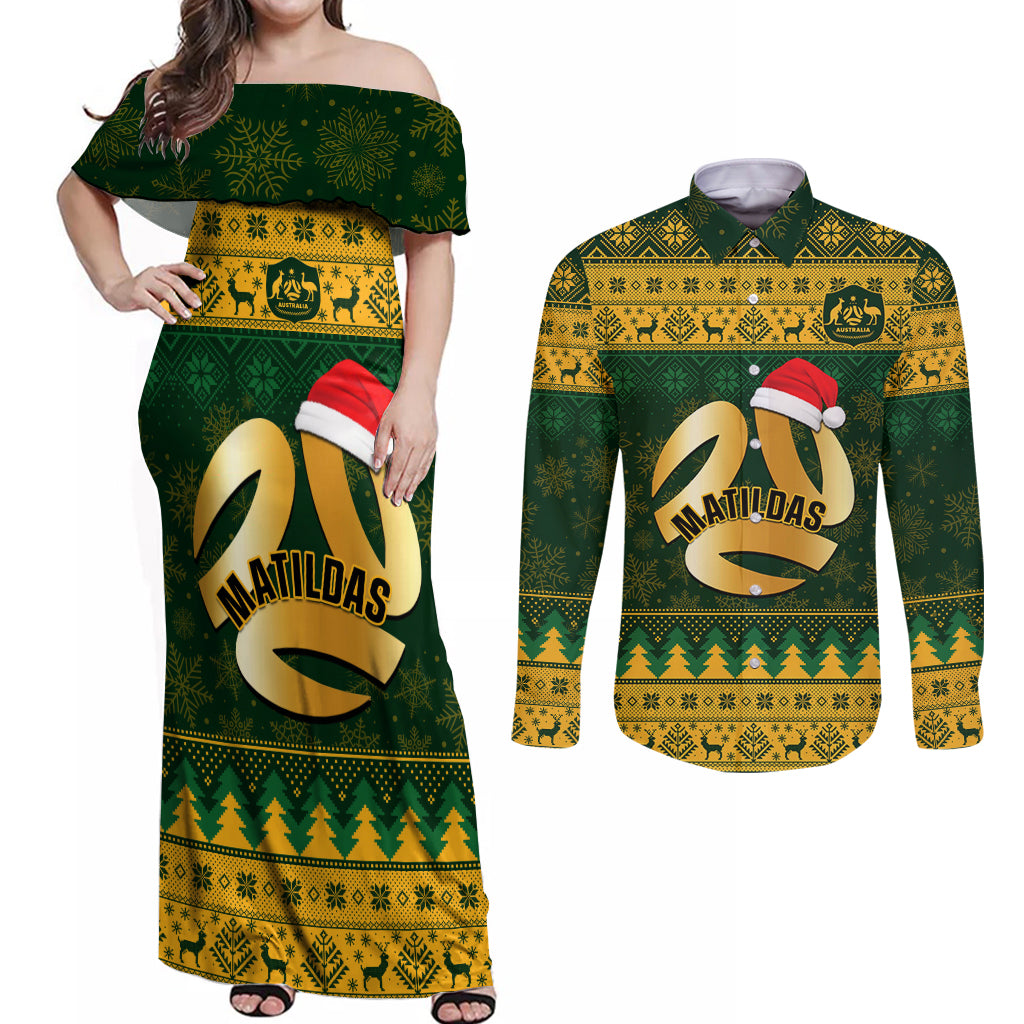 Personalised Australia Matildas Christmas Couples Matching Off Shoulder Maxi Dress and Long Sleeve Button Shirts Merry Xmas 2023 National Color - Wonder Print Shop