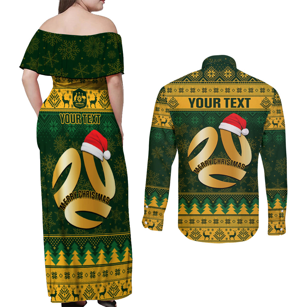 Personalised Australia Matildas Christmas Couples Matching Off Shoulder Maxi Dress and Long Sleeve Button Shirts Merry Xmas 2023 National Color - Wonder Print Shop