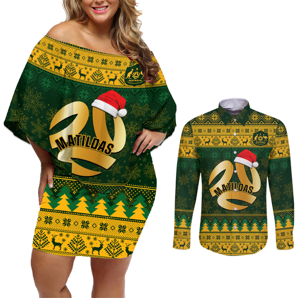 Personalised Australia Matildas Christmas Couples Matching Off Shoulder Short Dress and Long Sleeve Button Shirts Merry Xmas 2023 National Color - Wonder Print Shop