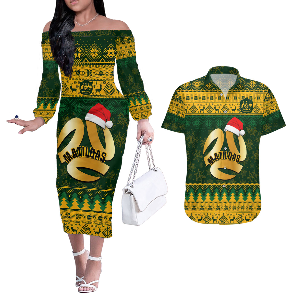 Personalised Australia Matildas Christmas Couples Matching Off The Shoulder Long Sleeve Dress and Hawaiian Shirt Merry Xmas 2023 National Color - Wonder Print Shop